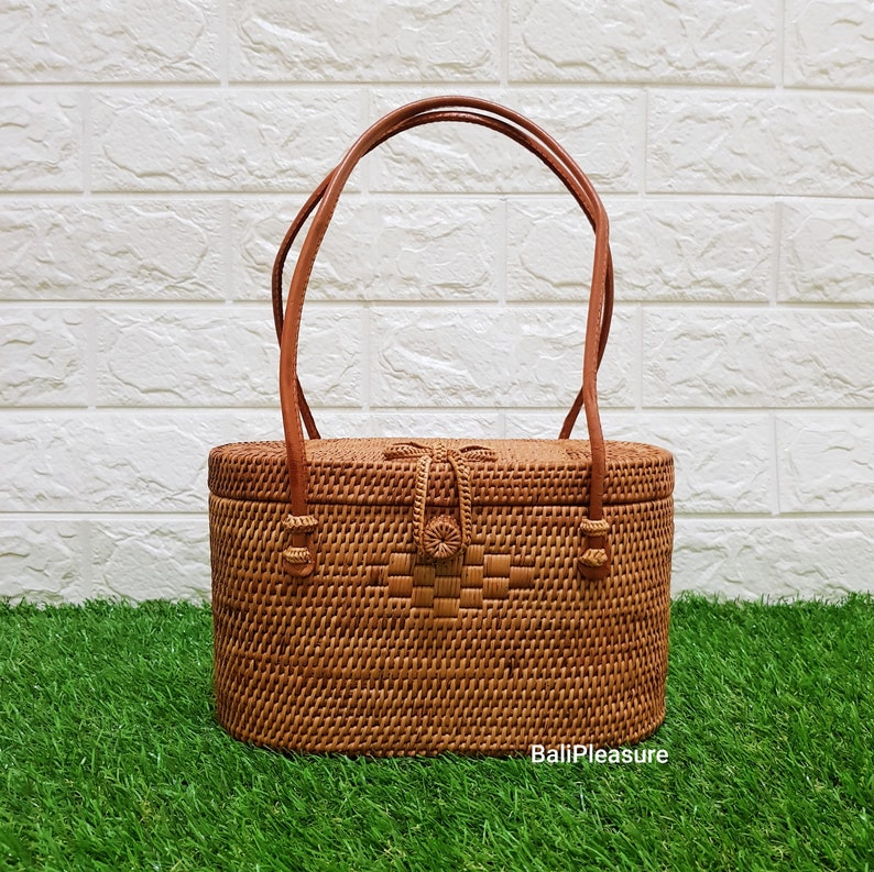 Cylin Rattan Bag With Leather Handle Bali Bag Straw Bag Etsy