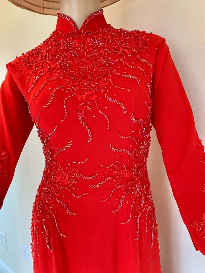Free Priority shipping Red Vietnamese Ao Dai Long Dress with Pants