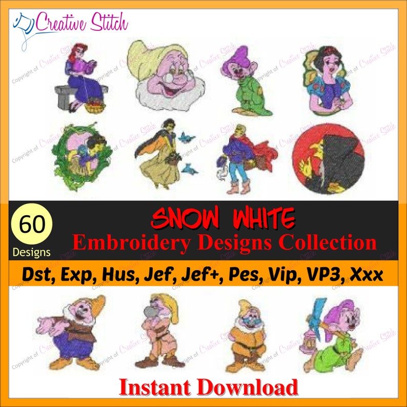 60 Snow White Embroidery Machine Designs files Brother Janome Etsy