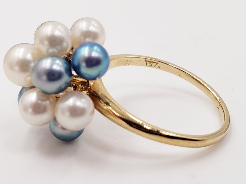 White and Bluish Pearls Ring in 14 Kt Yellow Gold Size 6.75 US
