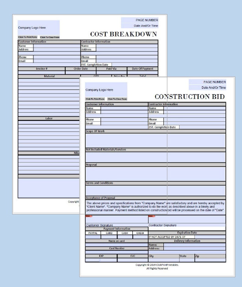 Construction Bid Project Form With Cost Breakdown Template | Etsy