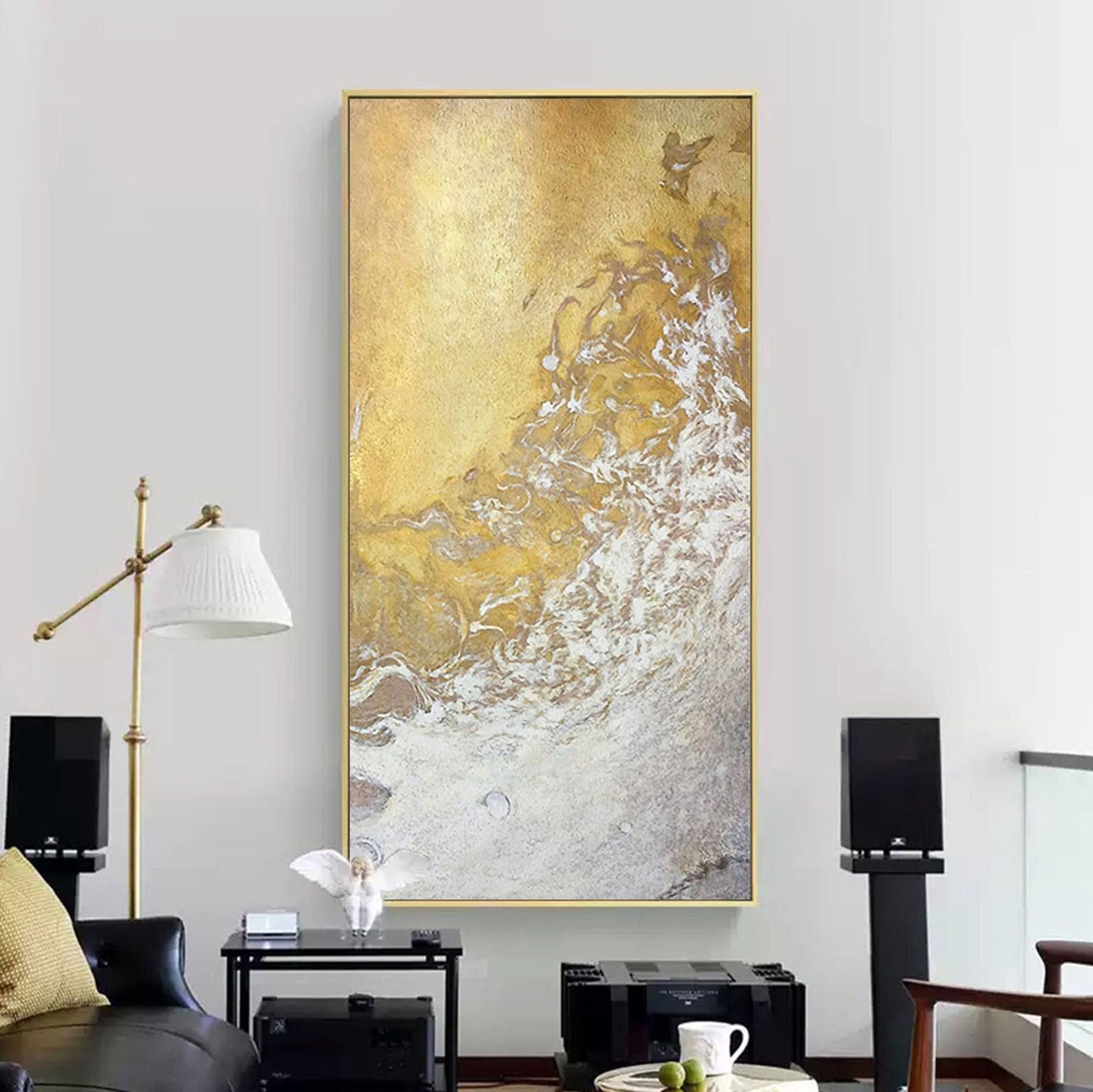 Large White Gold Abstract Art Oil Painting On Canvas Cloud Etsy