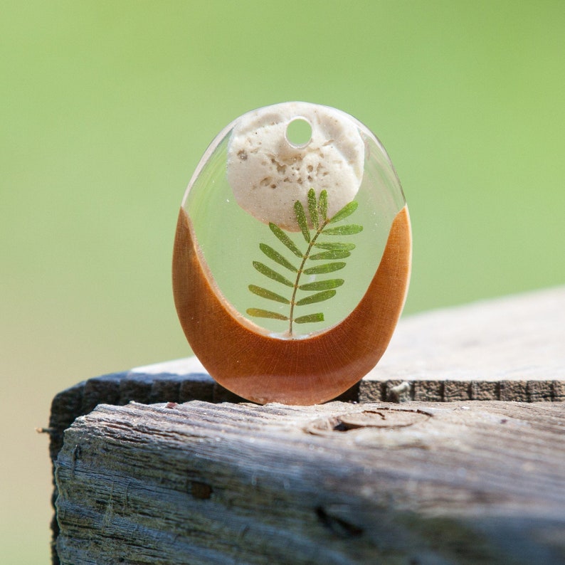 Moonrise /_ Botanical pendant real pressed leaf casted in transparent epoxy resin arbutus tree wood and natural dolomite limestone
