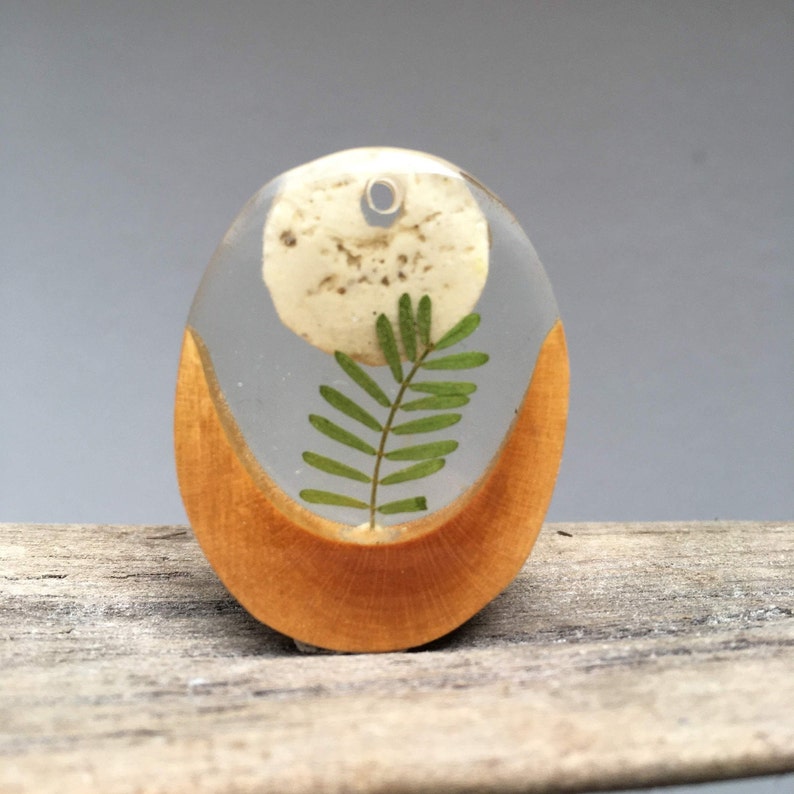 Moonrise /_ Botanical pendant real pressed leaf casted in transparent epoxy resin arbutus tree wood and natural dolomite limestone