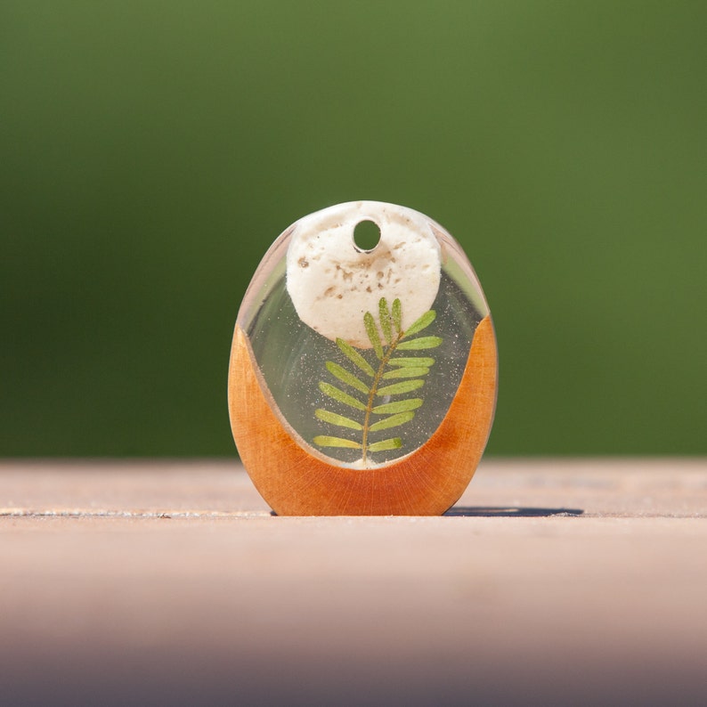 Moonrise /_ Botanical pendant real pressed leaf casted in transparent epoxy resin arbutus tree wood and natural dolomite limestone