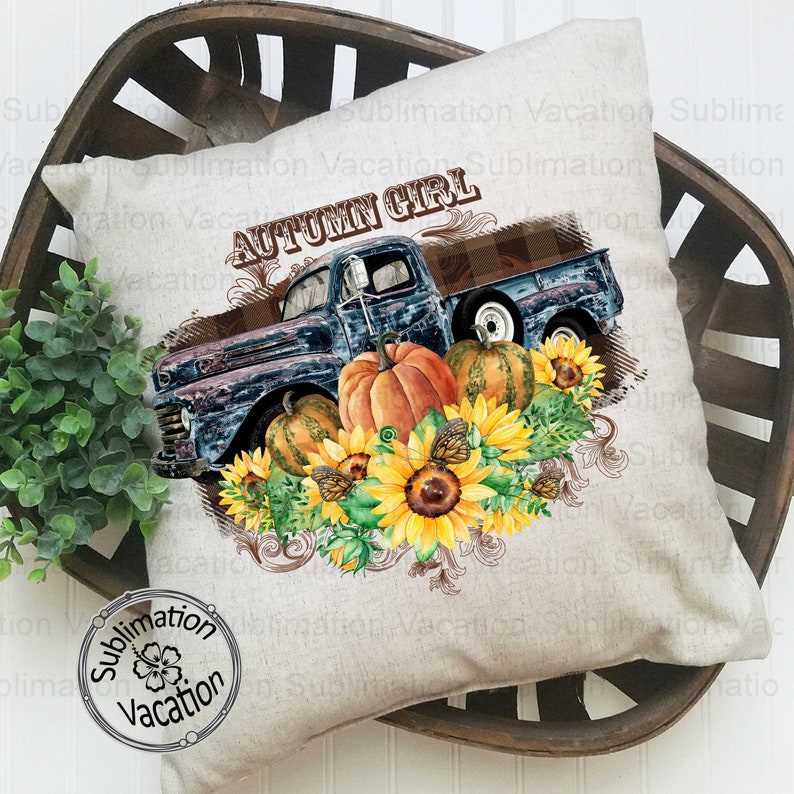 Download Vintage Truck Autumn Girl Sunflowers pumpkins PNG JPG Pdf ...