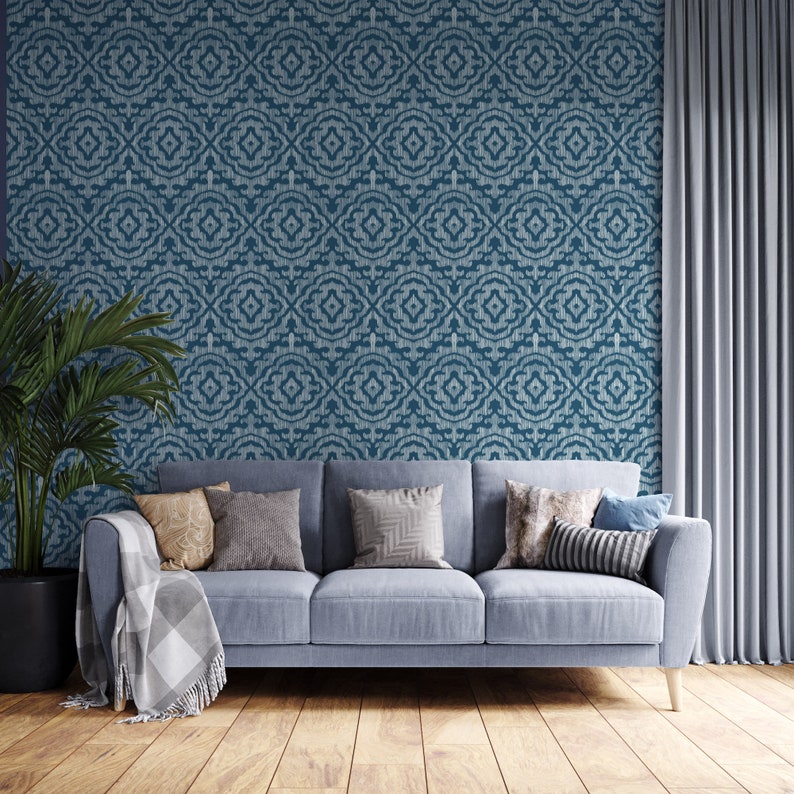 Blue Ikat Wallpaper Peel and Stick Indigo Tribal Geometric Etsy