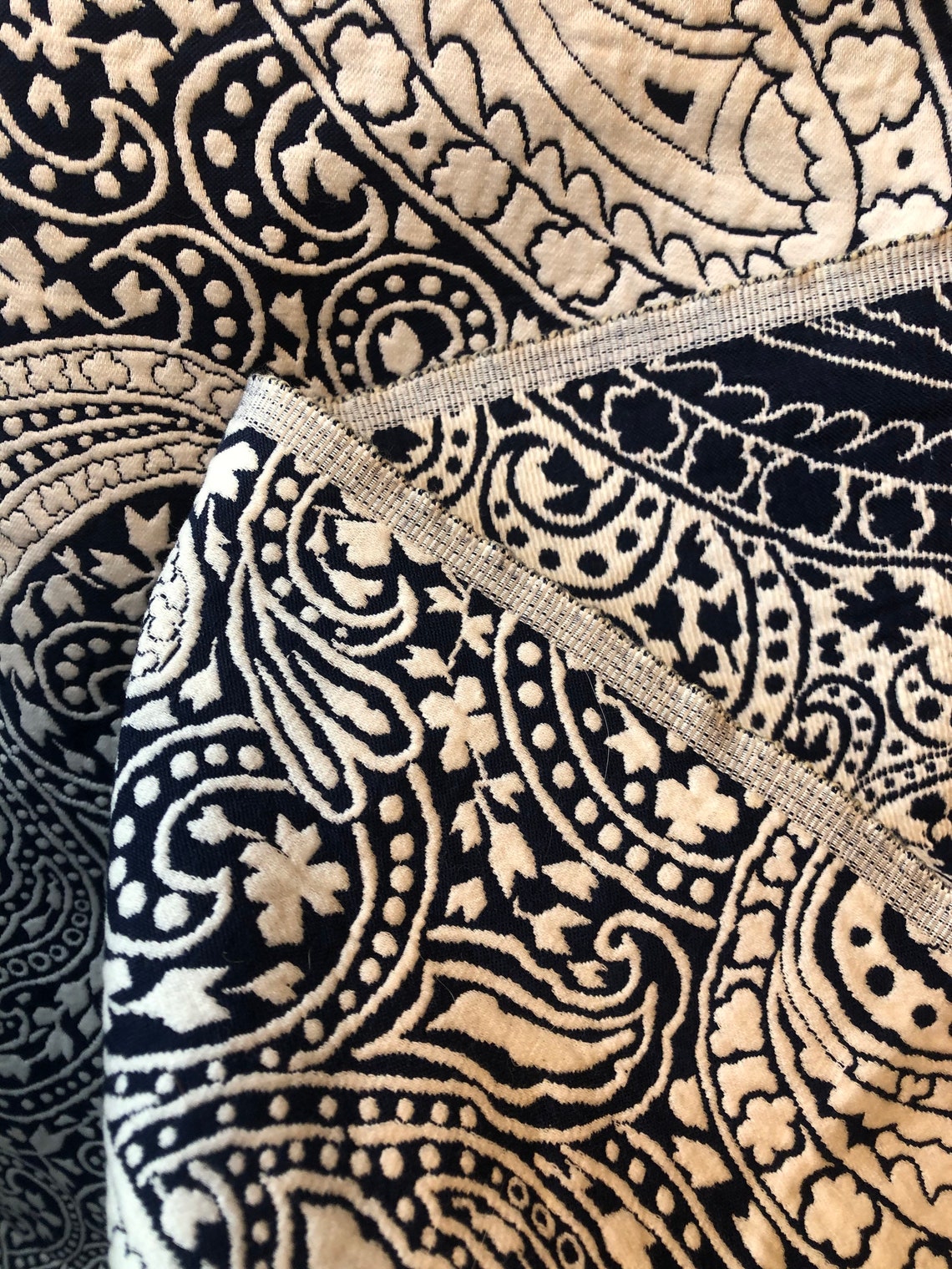 Vintage navy blue paisley textured woven fabric upholstery | Etsy