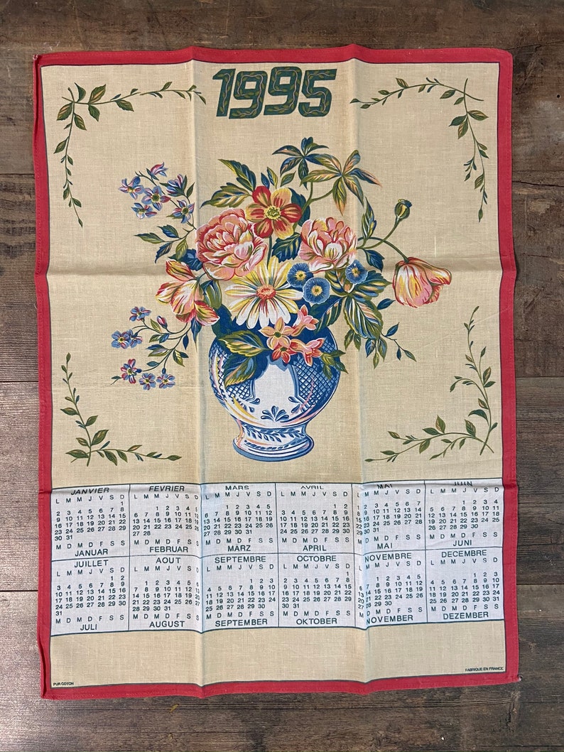 Unused Collectable French  1995 Pure Cotton Year Tea Towel Floral