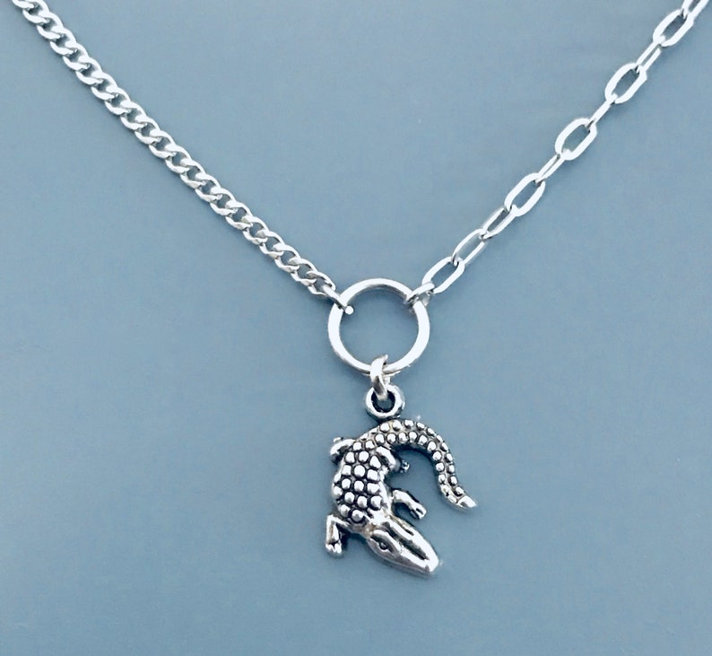 aged oxidized silver plated metal ALLIGATOR charm metal necklace single strand, simple, everyday, gift stainless steel chain