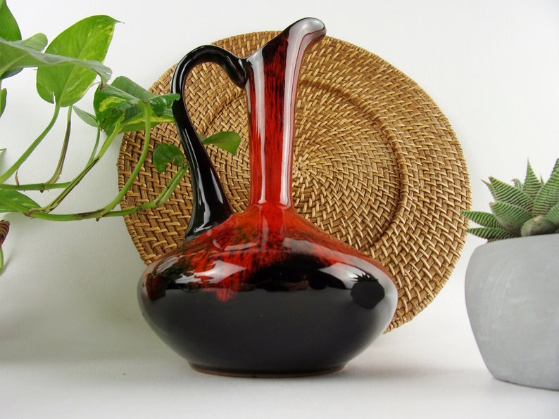 Vintage Mid Century Vase Lava Glaze Art Pottery Orange Modern Pitcher Ewer