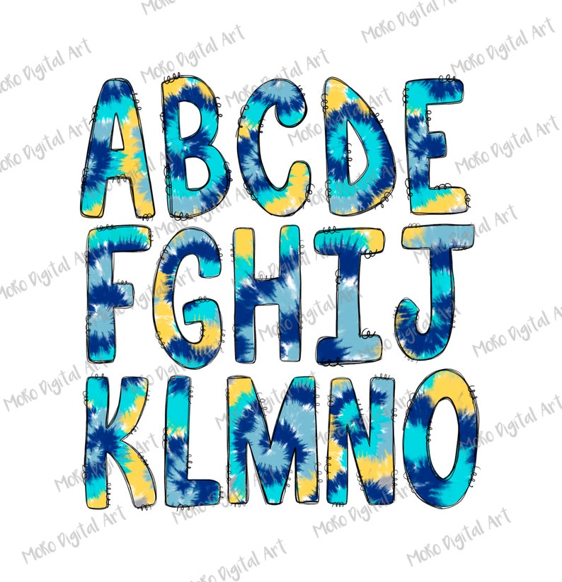 tie dye doodle letters blue green boy hand lettered alpha