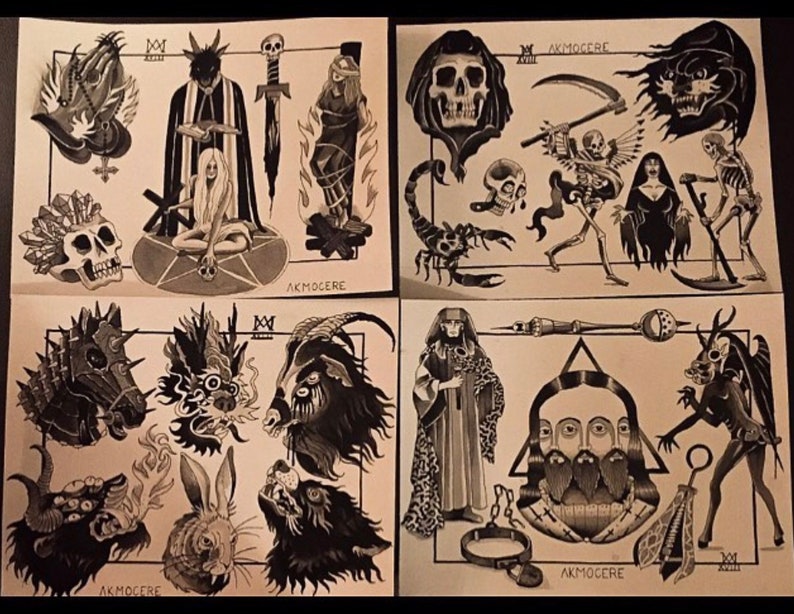  Occult Tattoo Flash  Prints set of 4 Etsy