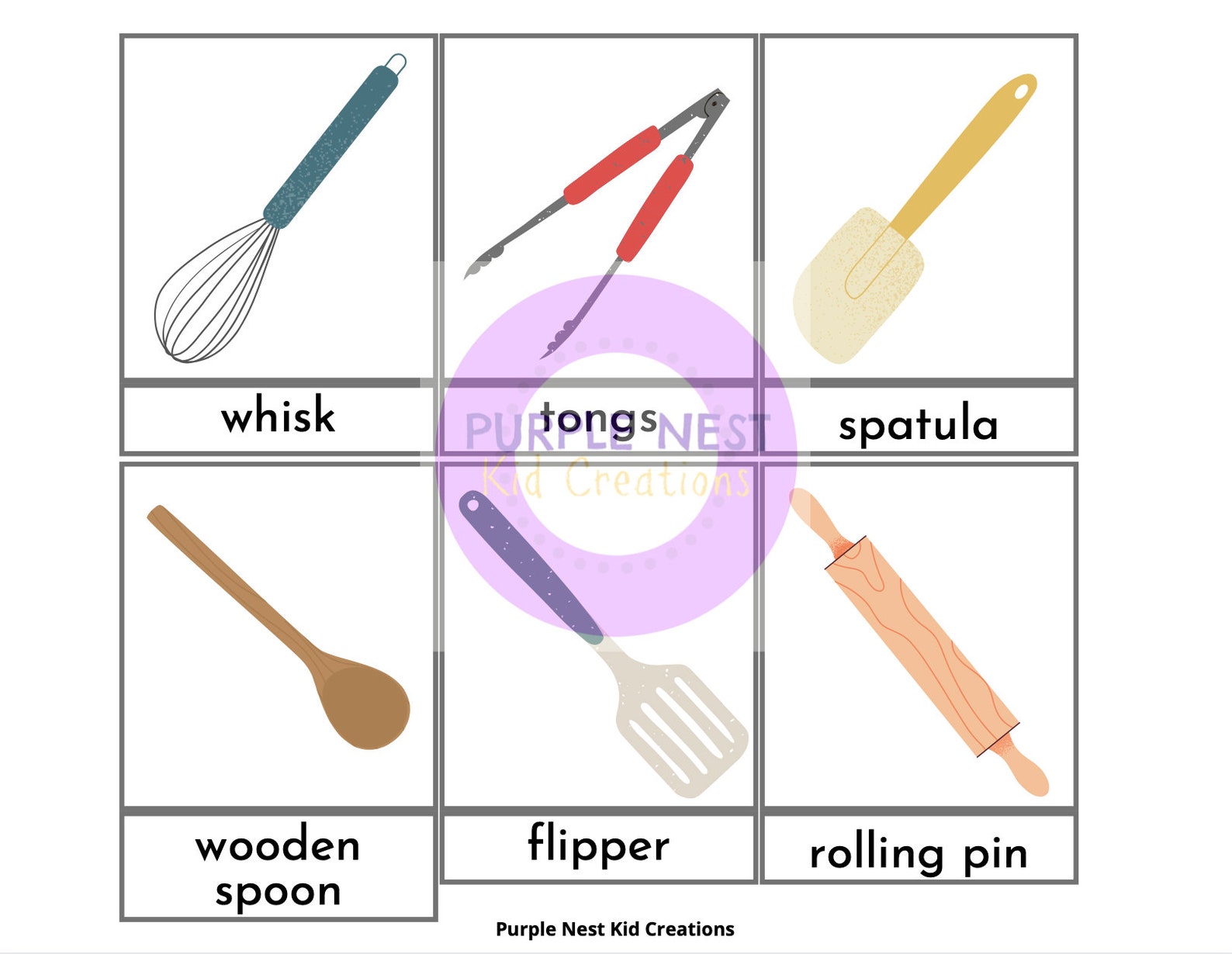 Kitchen Tools Flash Cards Montessori Nomenclature Three Etsy
