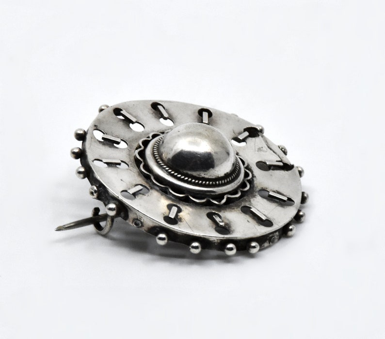Unique and Rare Antique Victorian Sterling Silver Etruscan Revival Brooch circa 1860s with great Steampunk Industrial Look