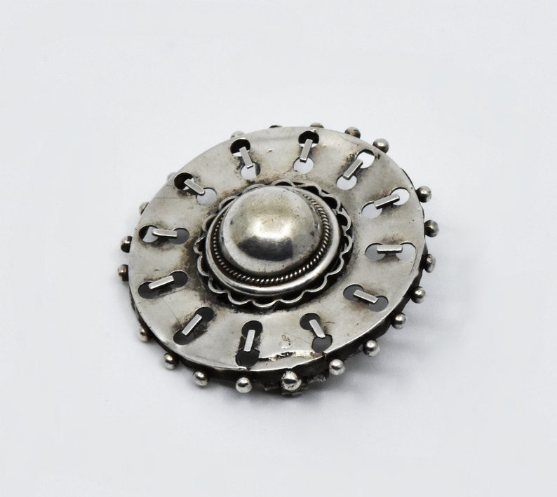 Unique and Rare Antique Victorian Sterling Silver Etruscan Revival Brooch circa 1860s with great Steampunk Industrial Look