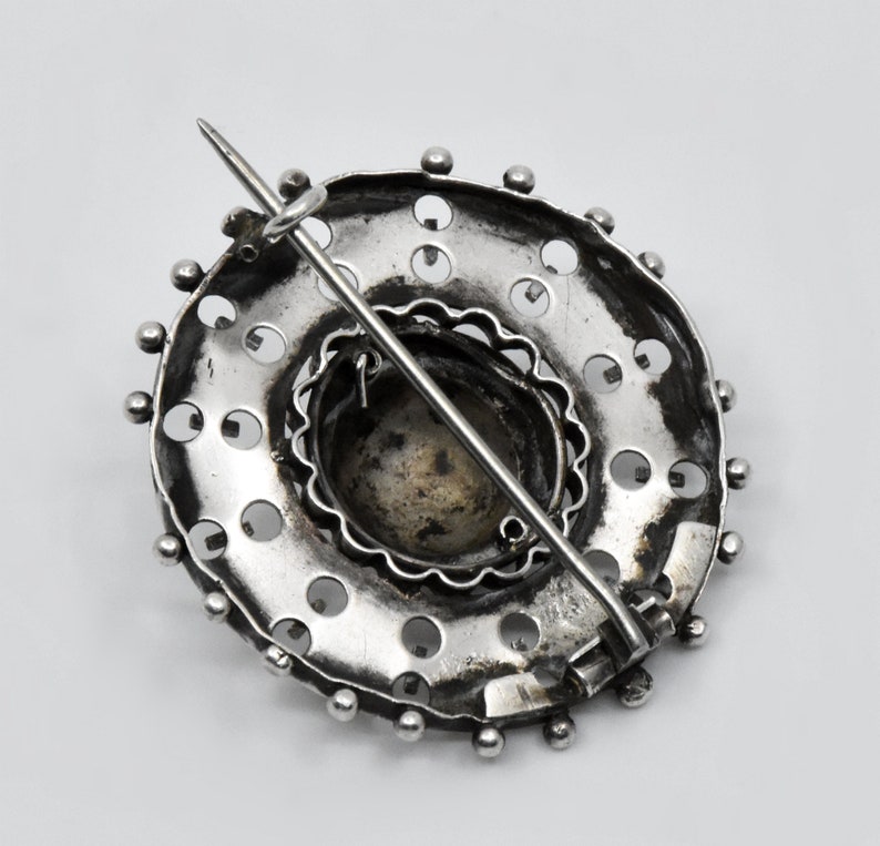 Unique and Rare Antique Victorian Sterling Silver Etruscan Revival Brooch circa 1860s with great Steampunk Industrial Look