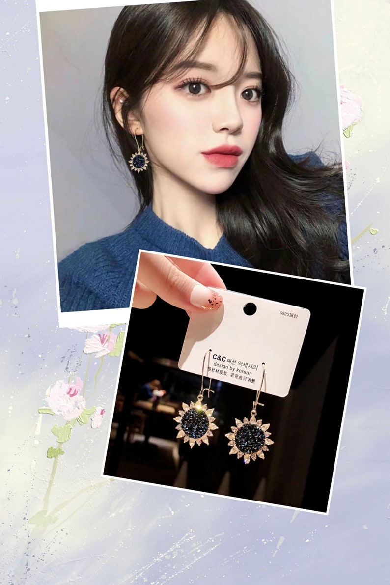 Sunflower drop earring,korean earring,crystal earring,Bridesmaid gift,Floral Earrings,Gift for Her,women earring,gift for friend,S925 silver
