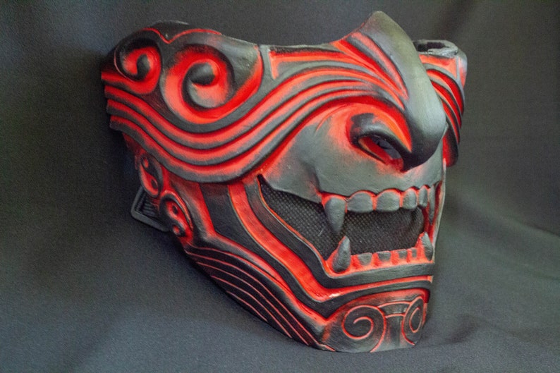 Red Black demon Half Face Samurai Mask Oni Mempo Armor Etsy