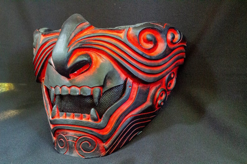 Red Black demon Half Face Samurai Mask Oni Mempo Armor | Etsy