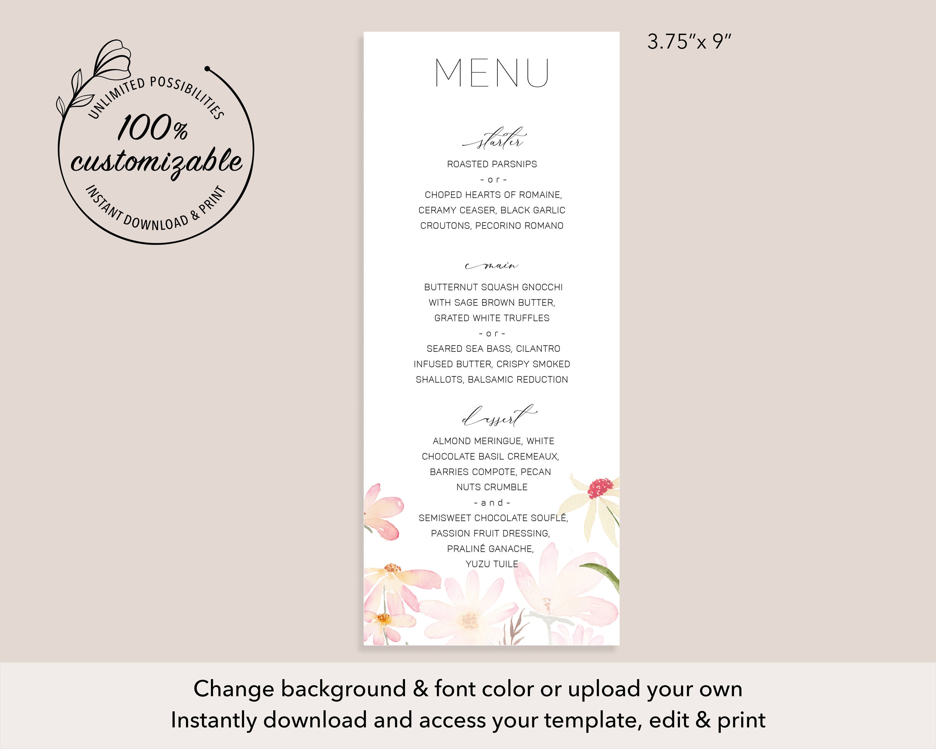 Flower Menu Card Template 100% EditableBoho Wedding Menu | Etsy