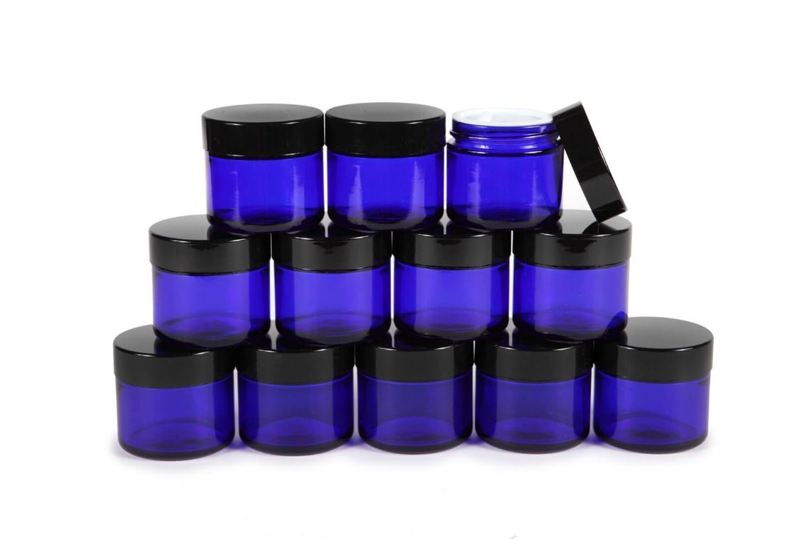 8 Oz Cobalt Blue Glass Jar Straight Sided With Black Plastic Etsy