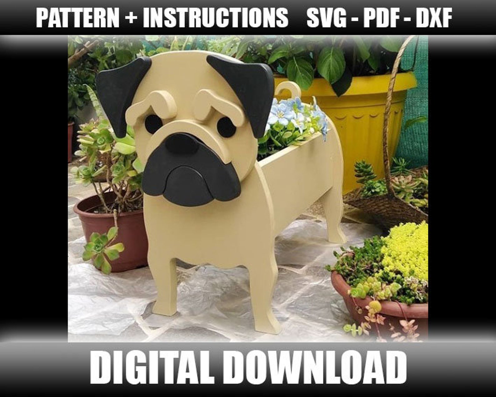 Scroll saw pattern Pug planter wood dog svg pattern laser Etsy