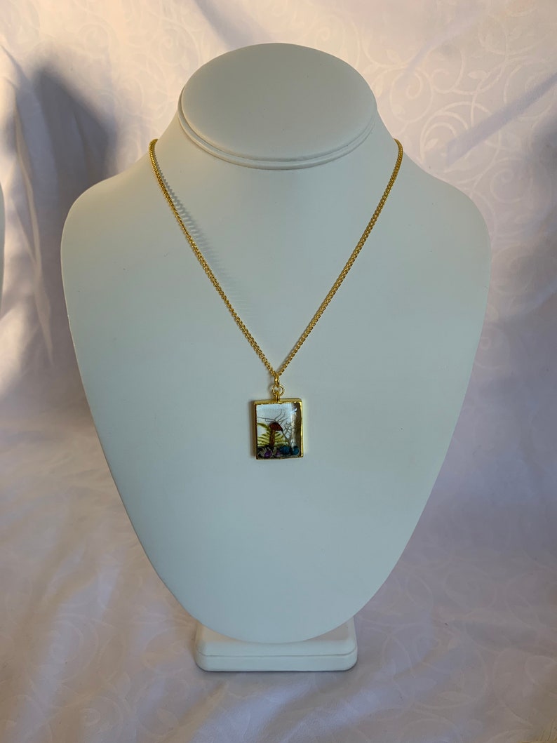 Woodland Necklace Rectangle Star Daisy Real Mushroom Fern Lichen Moss fairy garden