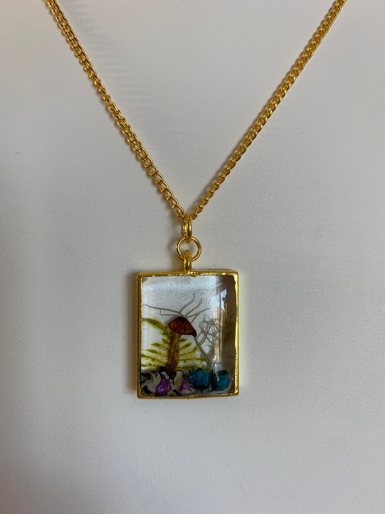 Woodland Necklace Rectangle Star Daisy Real Mushroom Fern Lichen Moss fairy garden
