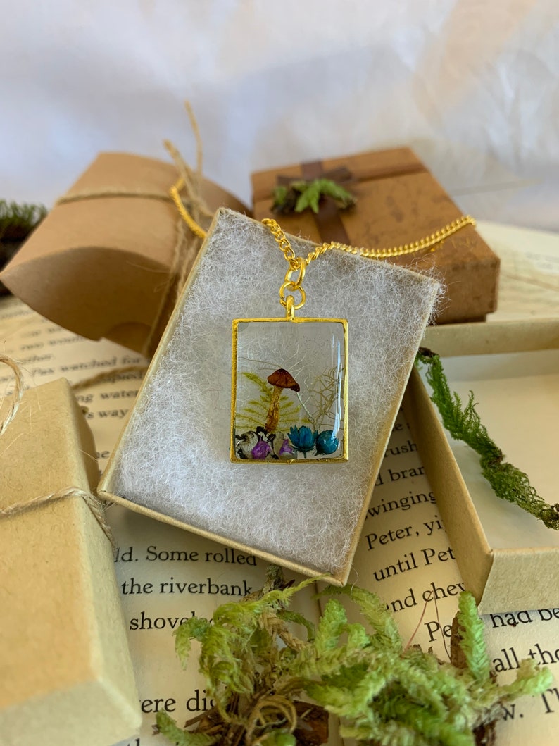 Woodland Necklace Rectangle Star Daisy Real Mushroom Fern Lichen Moss fairy garden