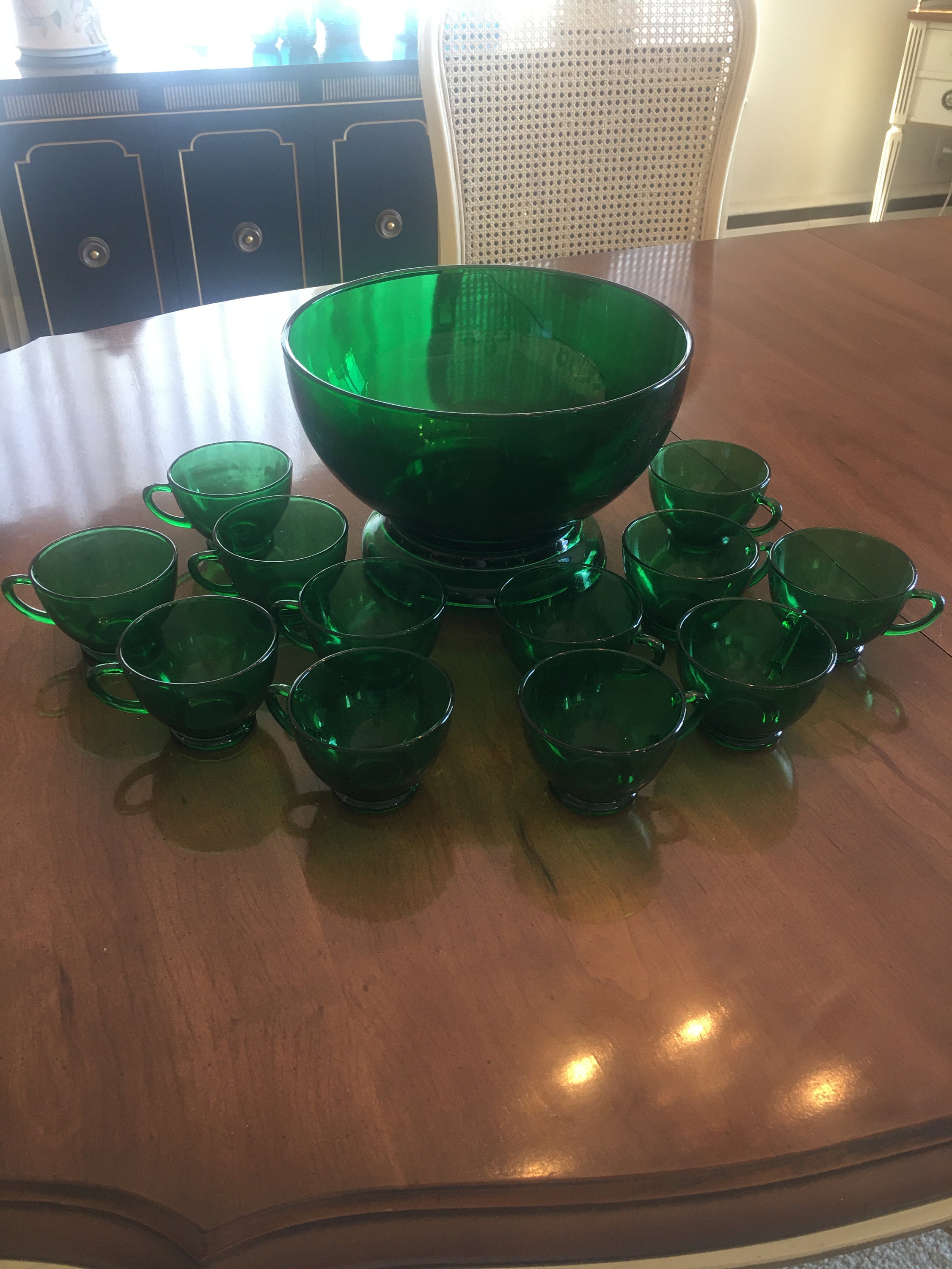 Vintage Anchor Hocking Emerald Green Punch Bowl Set Etsy