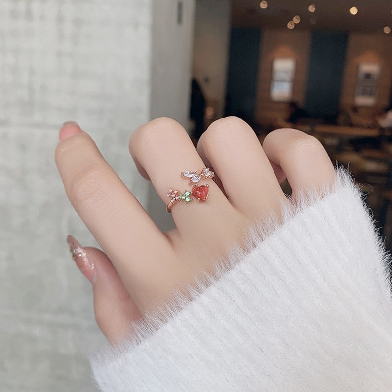 heart gem love adjustable ring gifts for her |Korean design resizable gemstone ring promise ring Cute red heart crystal ring