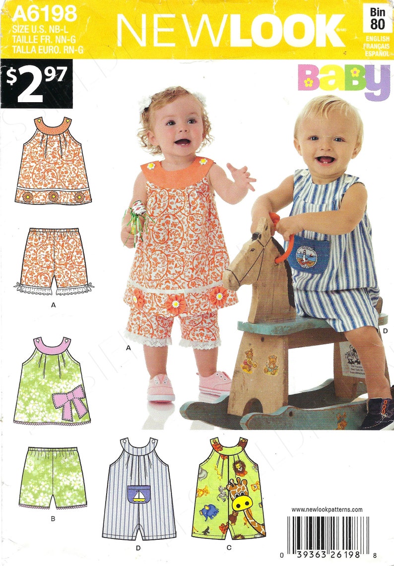Uncut New Look Sewing Pattern 184 6198 Baby/'s Neckband Top Romper Buttons at Shoulder  Pull on Shorts Lace Trim Size NB 3 6 9 12 18 Mos FF