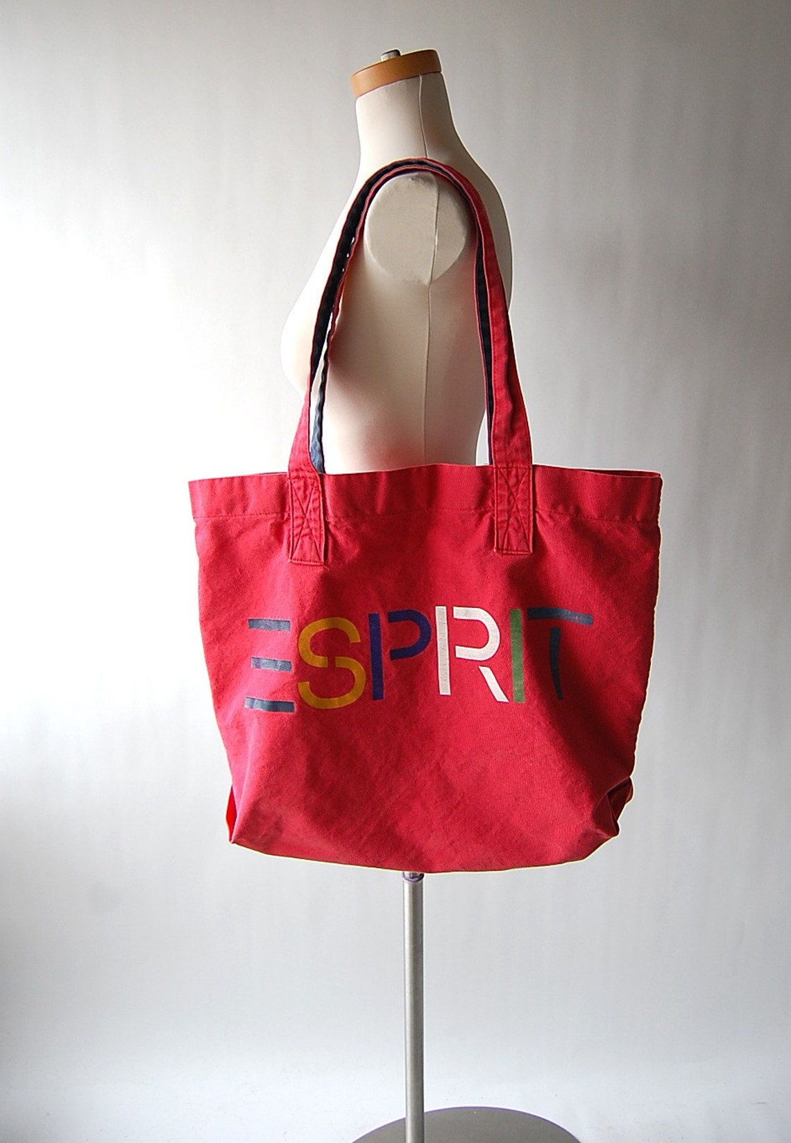 Large vintage Red Cotton ESPRIT Tote Bag . Canvas . Multi | Etsy