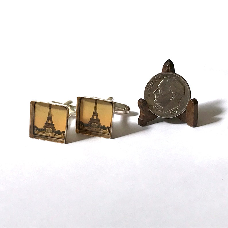 Eiffel Tower Paris France Vintage Illustration Handcrafted Hand Poured Resin Silver-Plate Square Cufflinks Cuff Links