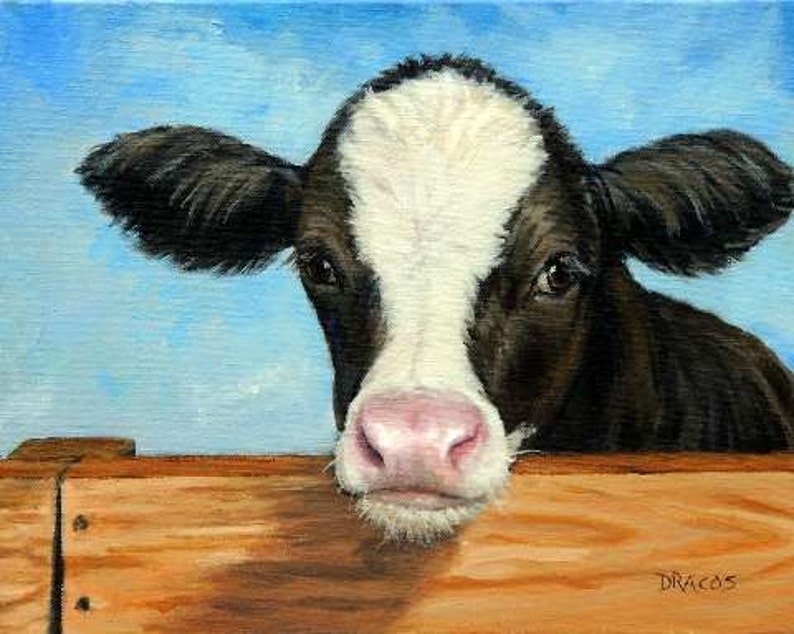 Holstein Cow Art Print Painting Calf Over Fence Sky by Dottie | Etsy