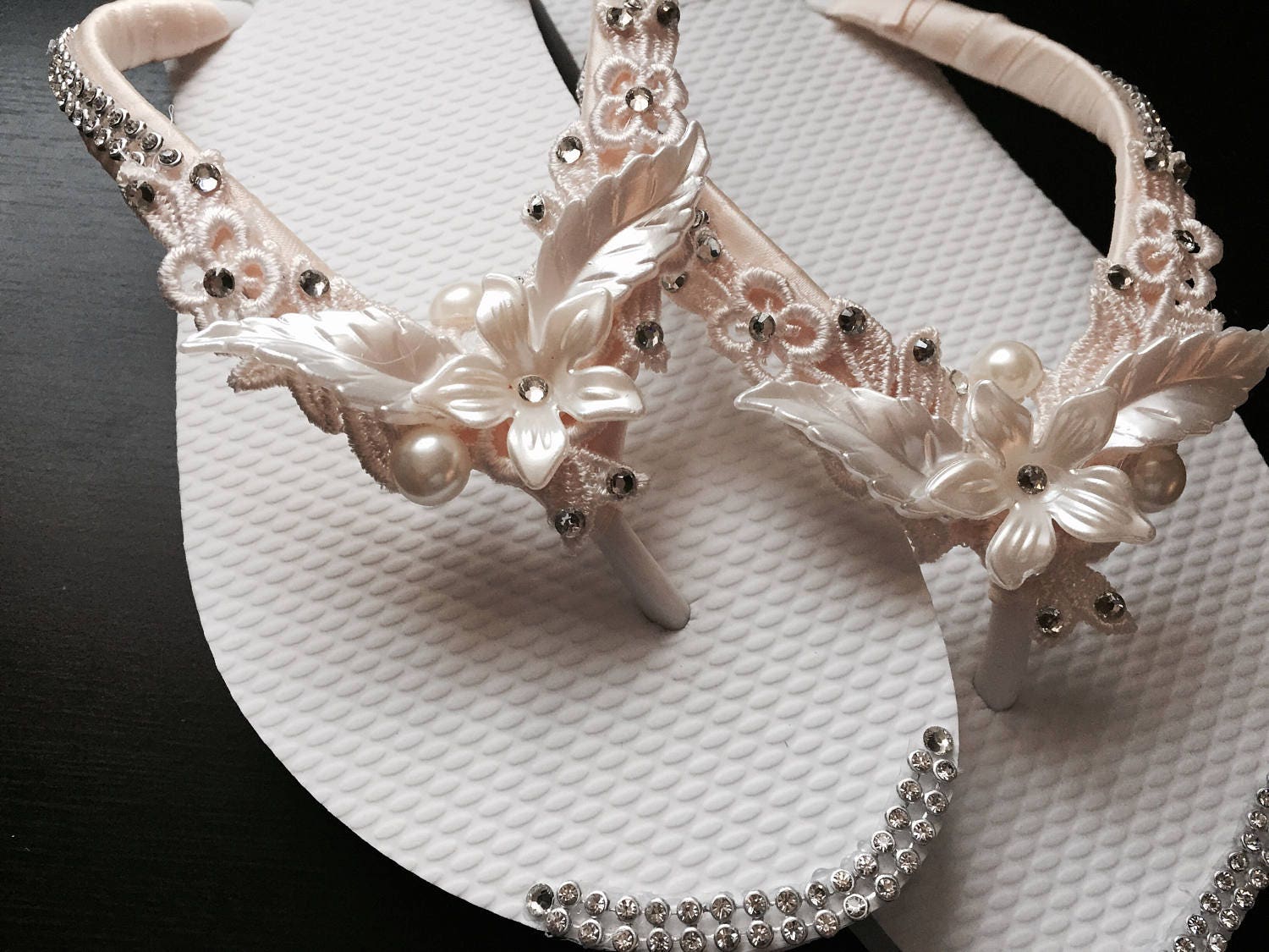 Ivory Lace Bridal Flip Flops Olivia Pearl Rhinestone Custom | Etsy