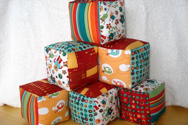 Cogsmo by Cosmo Cricket--Soft and Cuddly Fabric Jingle Baby Blocks Set of 6