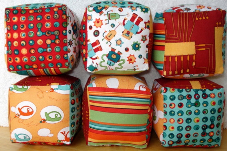 Cogsmo by Cosmo Cricket--Soft and Cuddly Fabric Jingle Baby Blocks Set of 6