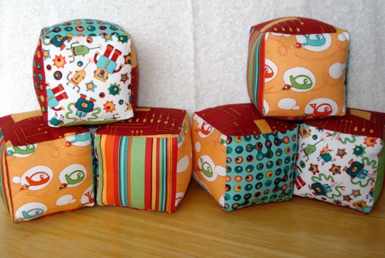 Cogsmo by Cosmo Cricket--Soft and Cuddly Fabric Jingle Baby Blocks Set of 6