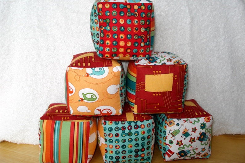 Cogsmo by Cosmo Cricket--Soft and Cuddly Fabric Jingle Baby Blocks Set of 6