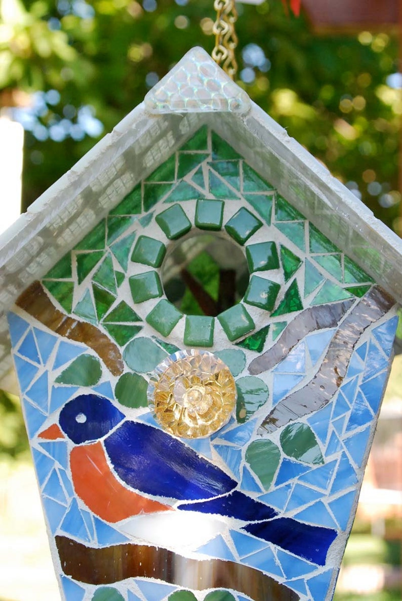 Bird House Stained Glass Mosaic Blue Bird Etsy
