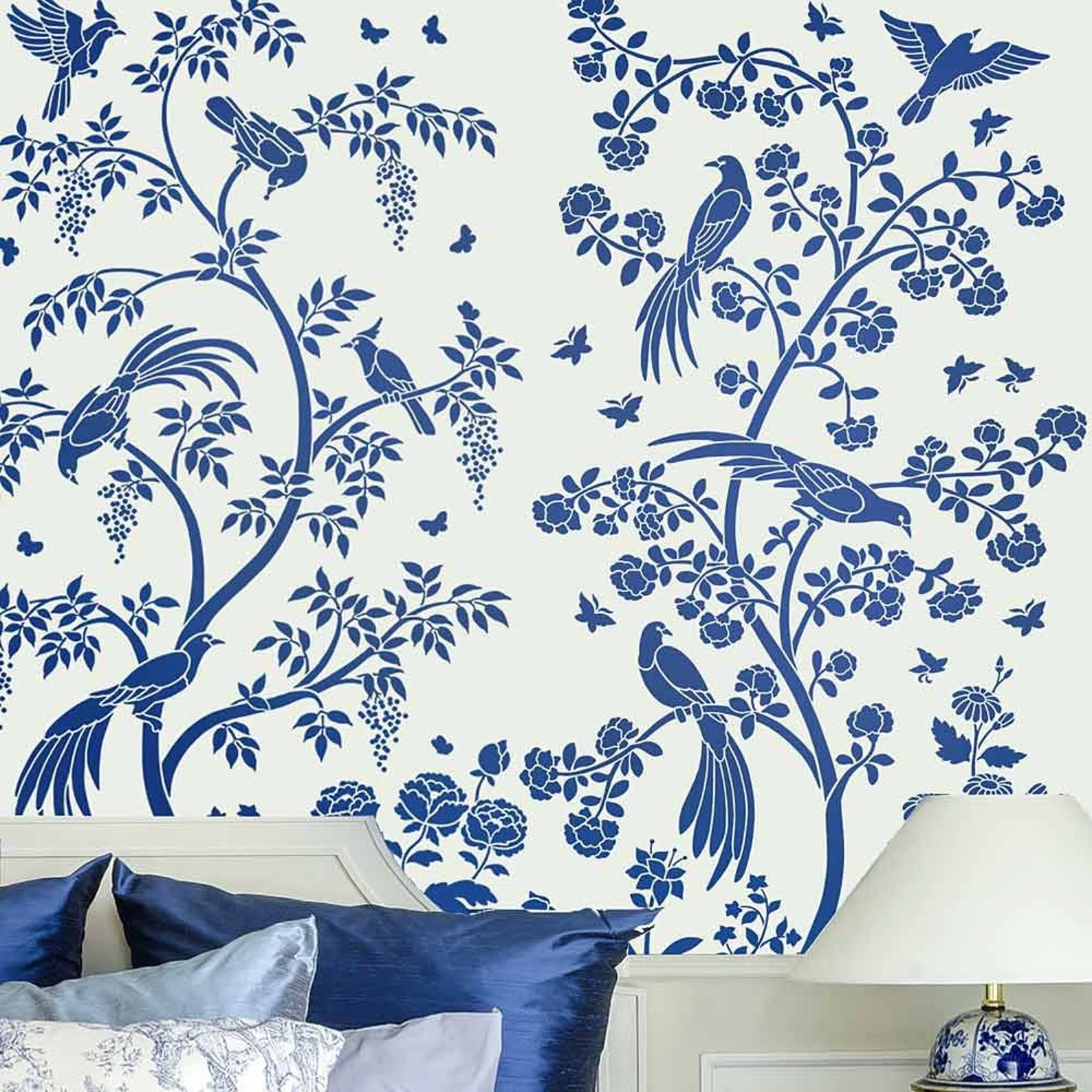Birds and Roses Chinoiserie Wall Mural Stencil LARGE WALL | Etsy
