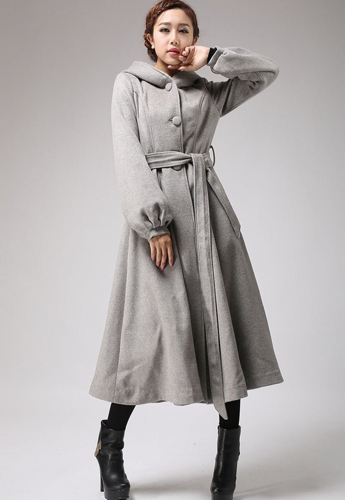 Lantern sleeve wool coat hooded wool coat Long wool coat | Etsy