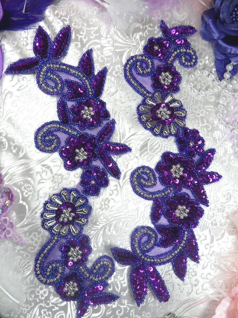 0183X-vpr 0183 Purple Silver Floral Mirror Pair Beaded Sequin Appliques 10  Sewing Crafts Motif  Patch