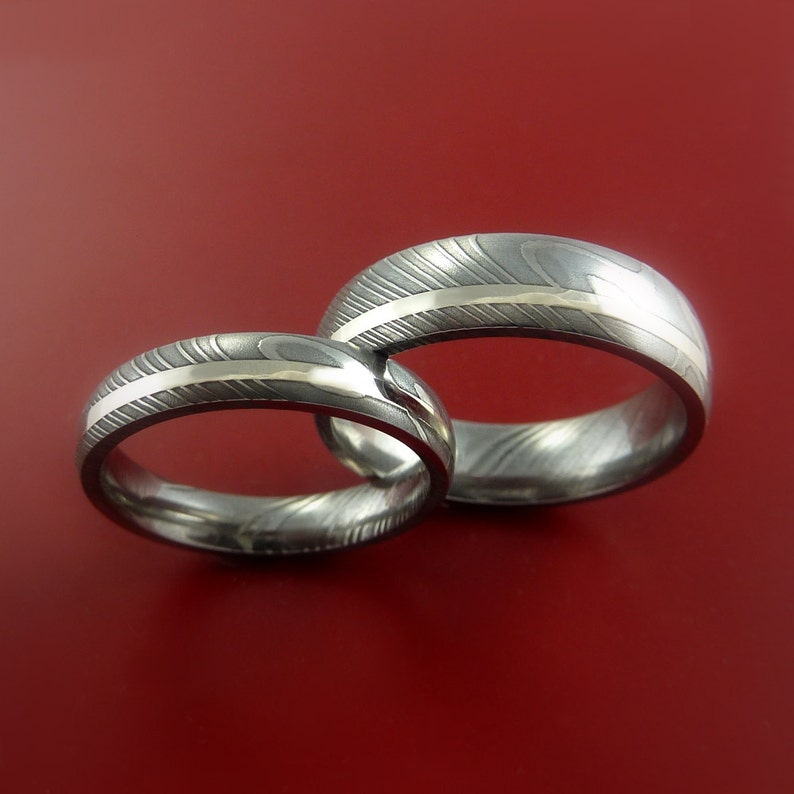 Matching Set 14k White Gold Damascus Steel Rings Wedding