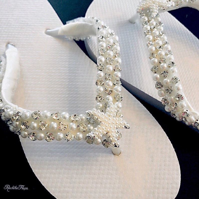 BEACH Rhinestone Bridal flip Flops Wedges.Wedding Flip Flops.Ivory Pearl Starfish Bridal Shoes.Bridesmaid Flip Flops.Wedding Flip Flops.