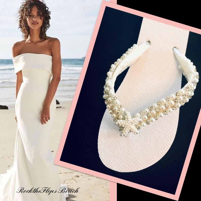 BEACH Rhinestone Bridal flip Flops Wedges.Wedding Flip Flops.Ivory Pearl Starfish Bridal Shoes.Bridesmaid Flip Flops.Wedding Flip Flops.