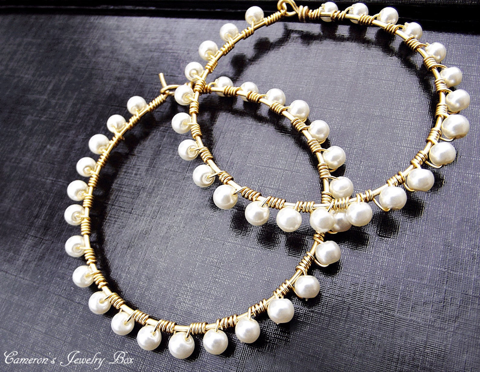 Gold Wire Wrap Hoop Earrings Pearl Earrings Beaded Hoops Etsy