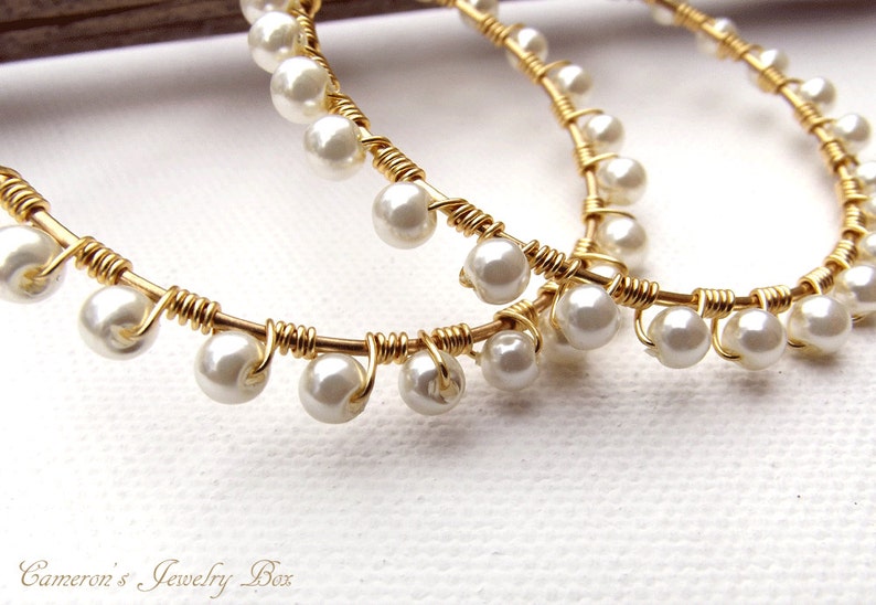 Gold Wire Wrap Hoop Earrings Pearl Earrings Beaded Hoops Etsy